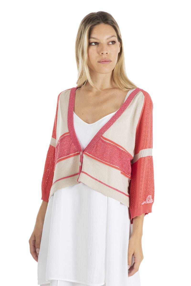 Short fuchsia striped cardigan