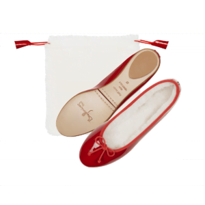 Red patent leather ballet flats with fur