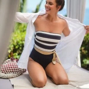 Blue and white striped one-piece swimsuit