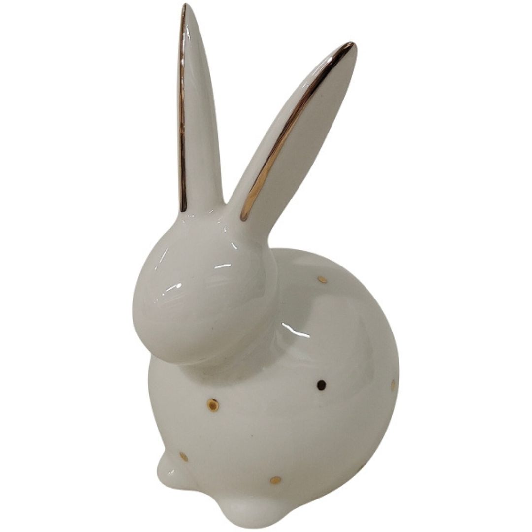 Coniglietti pasquali eleganti, coniglietti in ceramica con  uovo oro, decoro pasquale bianco, dorato H18cm 2pz-03391