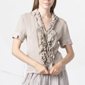 camicia kaki chiaro con rouches e pizzo devorè – elisa cavaletti